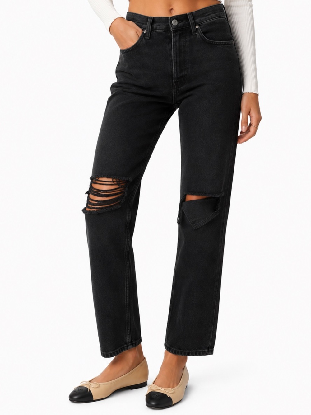 Reformation Cynthia High Rise Straight Jeans Lagoon Destroyed Black Sz 28 90s